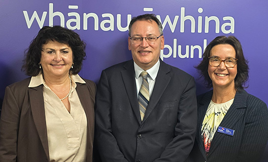 Associate Health Minister Casey Costello, Health Minister Dr Shane Reti and Whānau Āwhina Plunket Chief Executive Fiona Kingsford.